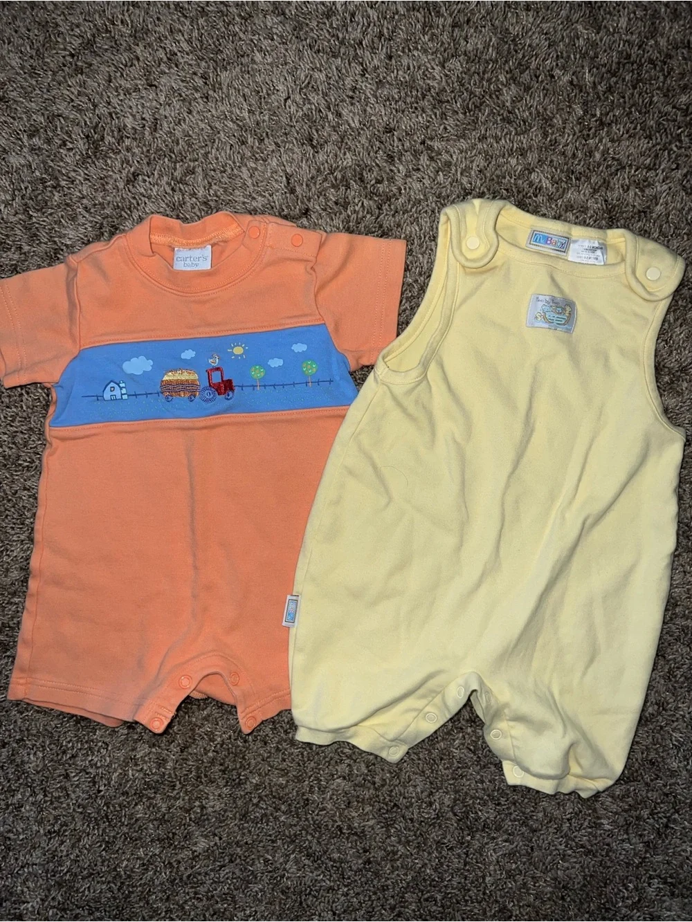 Carter's Orange & Yellow Sleeper Romper Pair with Train Applique
